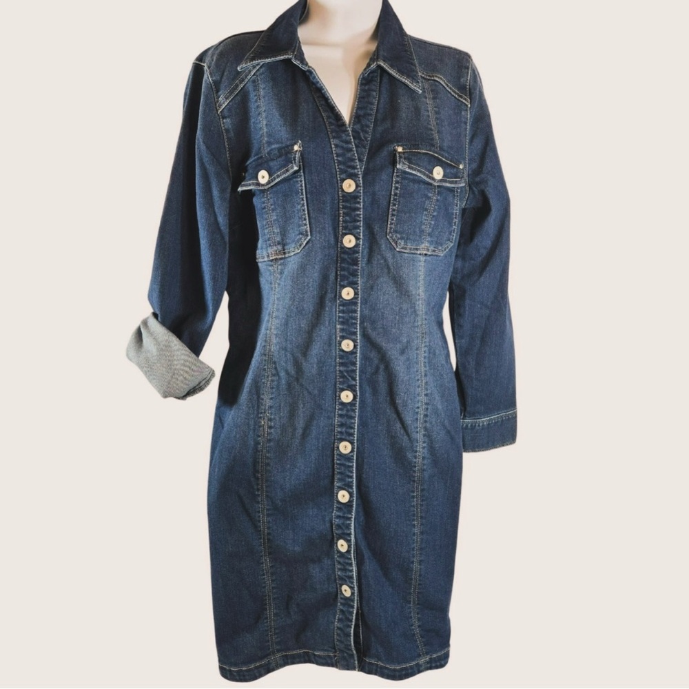 INC International Concepts Denim Shirt Dress Women’s 2 Button Front Long Sleeve
